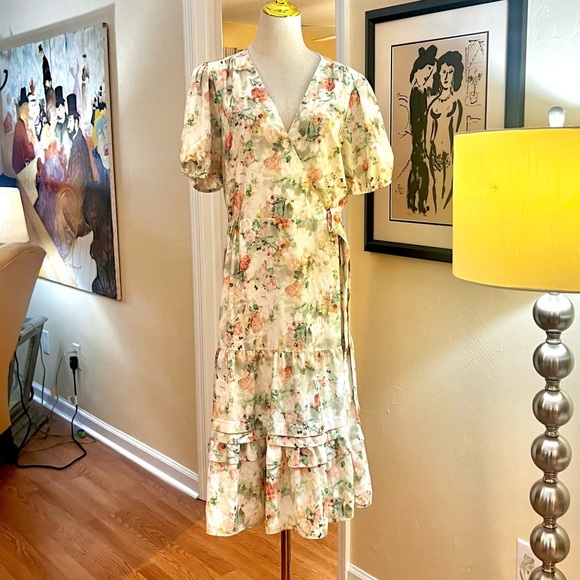 Alex Marie,Floral Wrap-Dress,Lined,Tiered Ruffled-Hem,Short Sleeves EUC,Size 12 - Picture 5 of 13